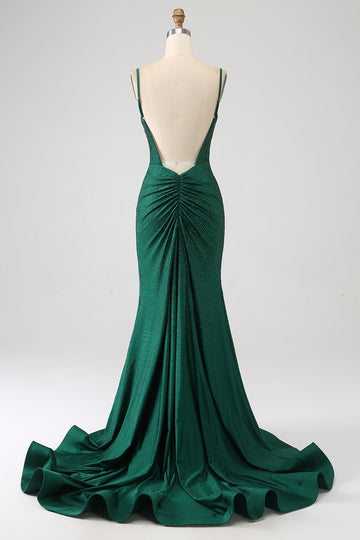 Vestido de fiesta de sirena largo con cuentas verde oscuro brillante con abertura
